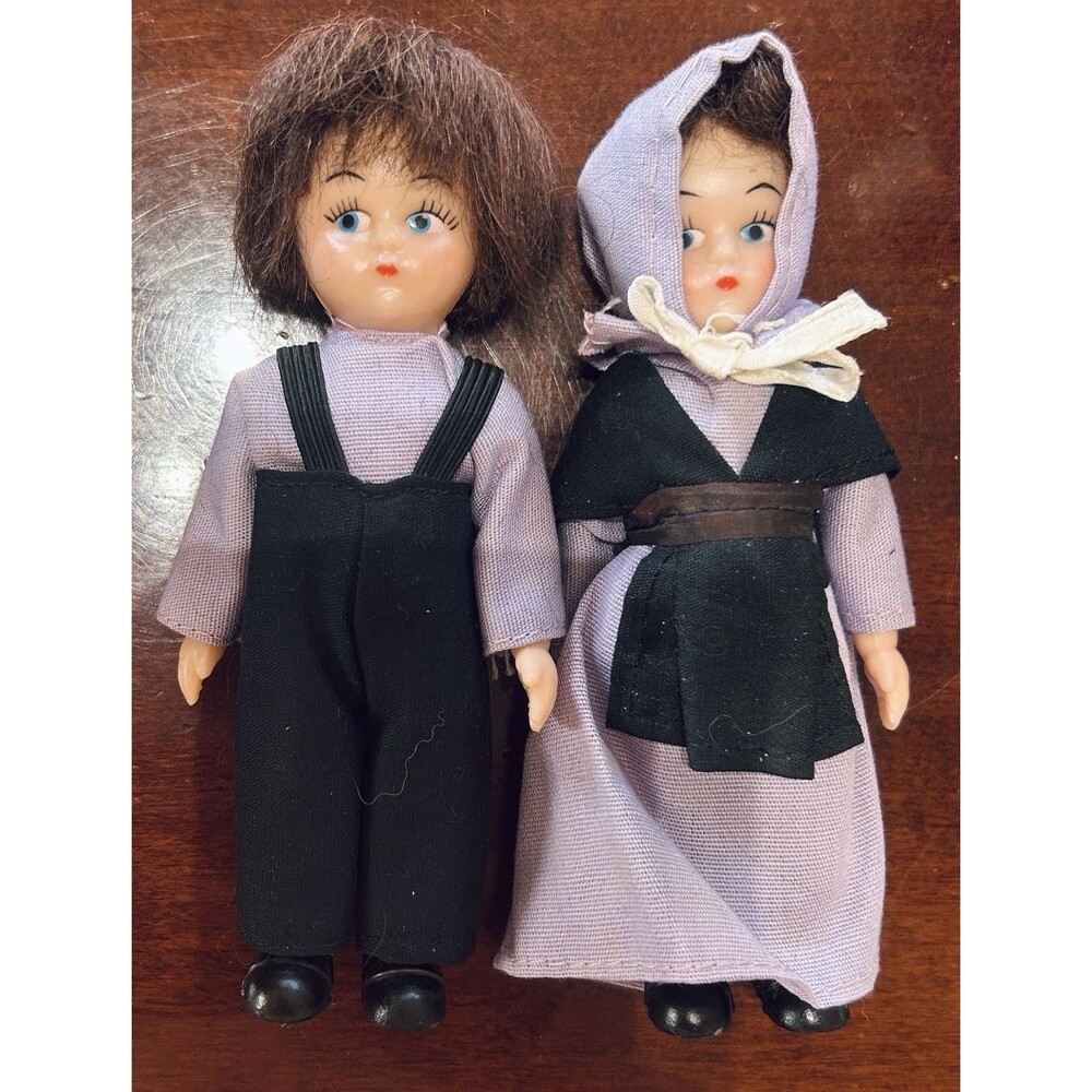 Vintage - 50+ Years Old Amish Dolls Lancaster County PA Boy & Girl Purple Dress